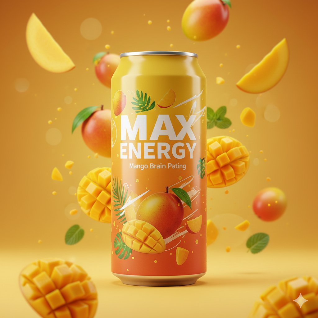 Photorealistic Mango Energy Drink Product Shot Prompt