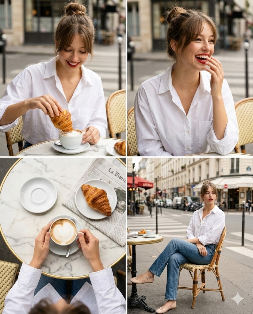Parisian Cafe Multi-Panel Grid for Identity Preservation