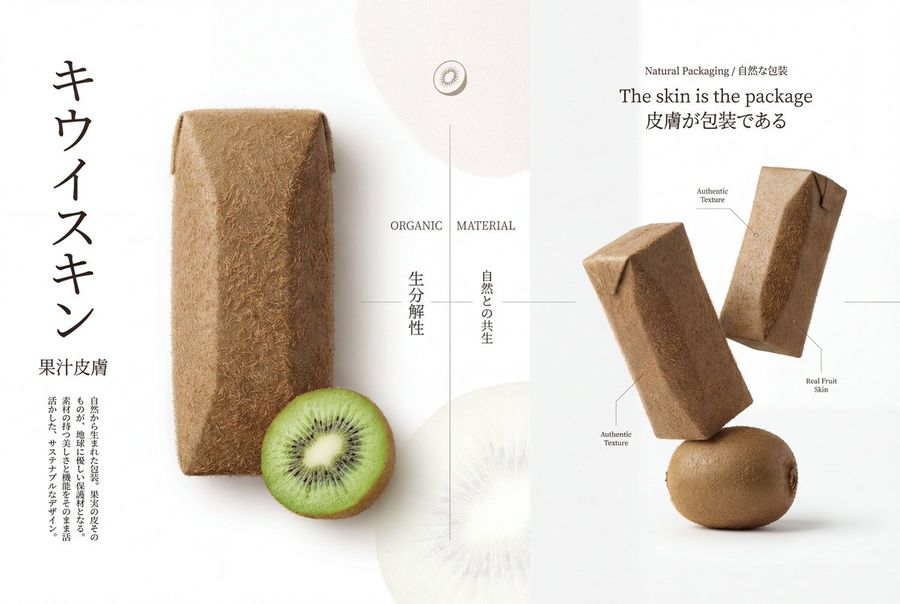 Source reference: a minimalist kiwi-themed packaging board with brown textured cartons, a sliced kiwi, and Japanese typography