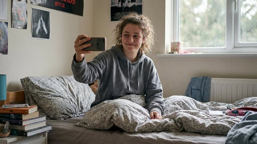 Source reference: a woman sitting on an unmade bed in a modest bedroom with books, wall pictures, and daylight from a window