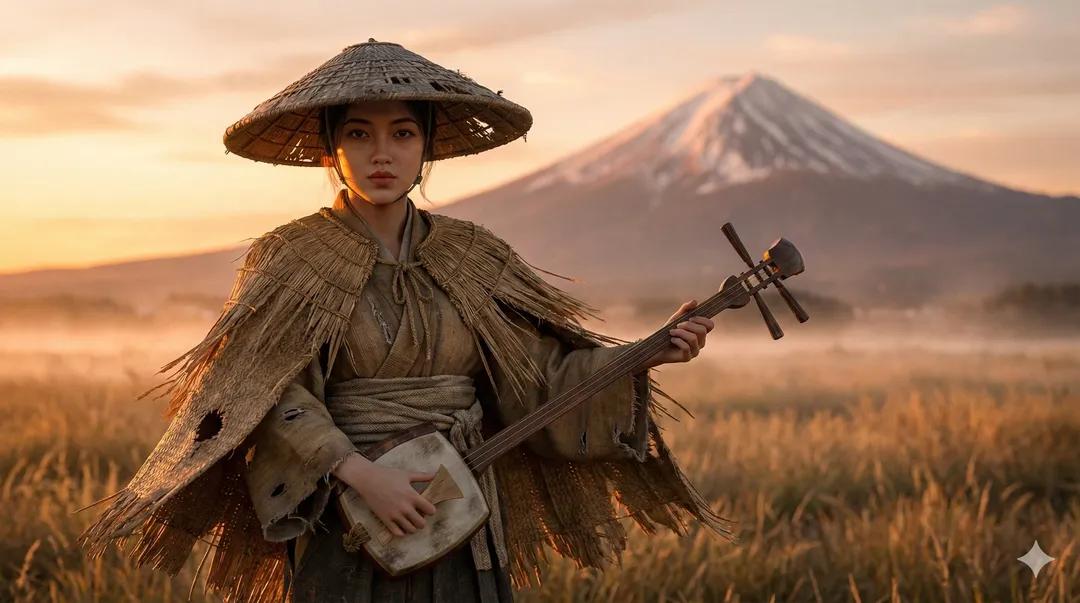 Ultra-Realistic Ronin Musician Portrait at Sunset