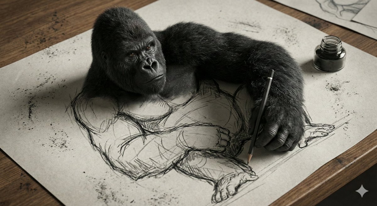 3D Gorilla Emerging from 2D Charcoal Sketch