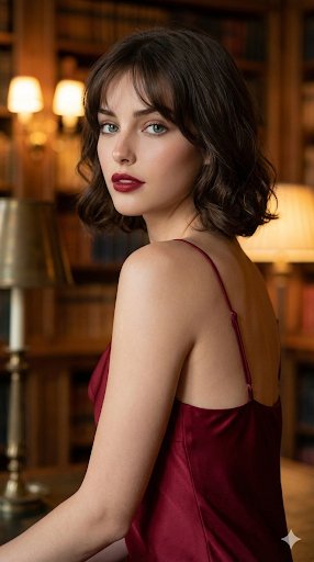 Cinematic Red Dress Portrait in a Vintage Library