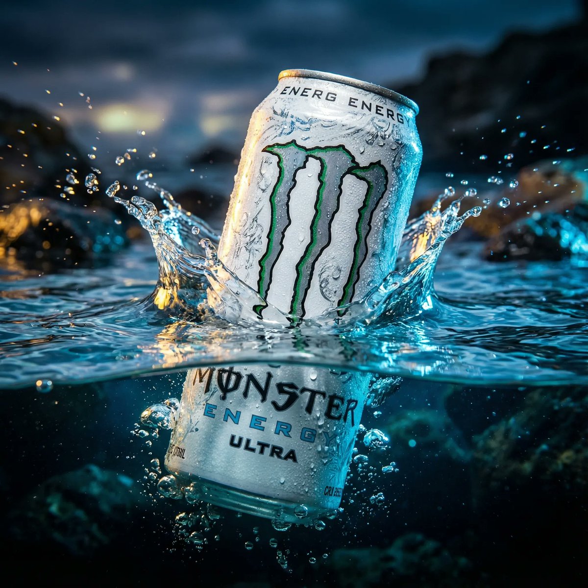 Product Ad: White Monster Energy Can Submerged in Water