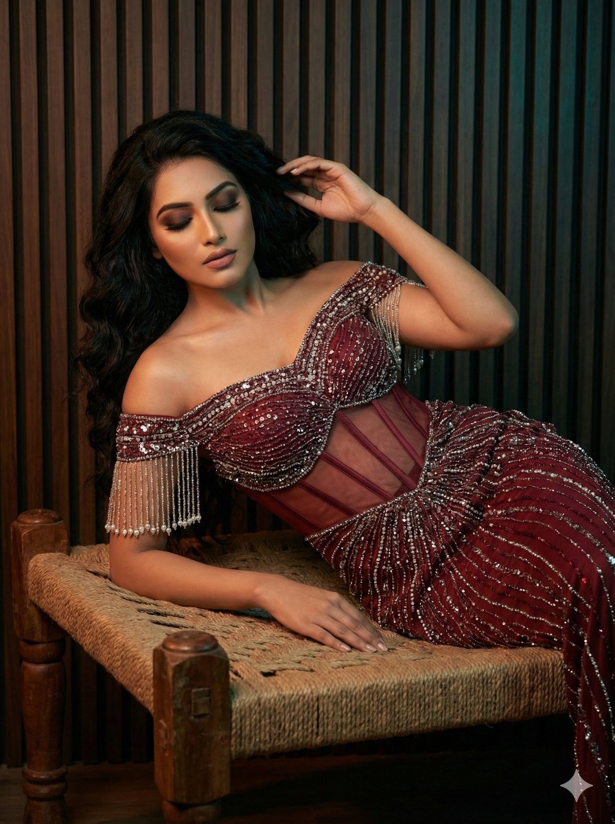Sample output image for High-Fashion Editorial Photo of a Woman in an Embellished Gown