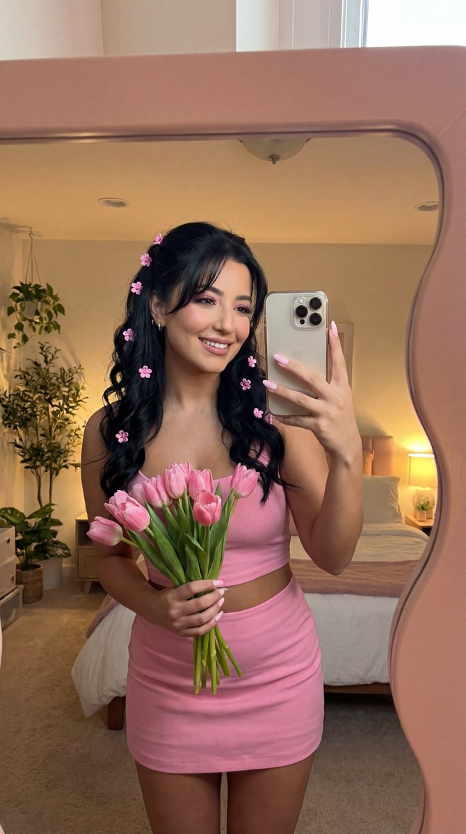 Sample output image for Coquette Mirror Selfie with Pink Flowers and Identity Lock