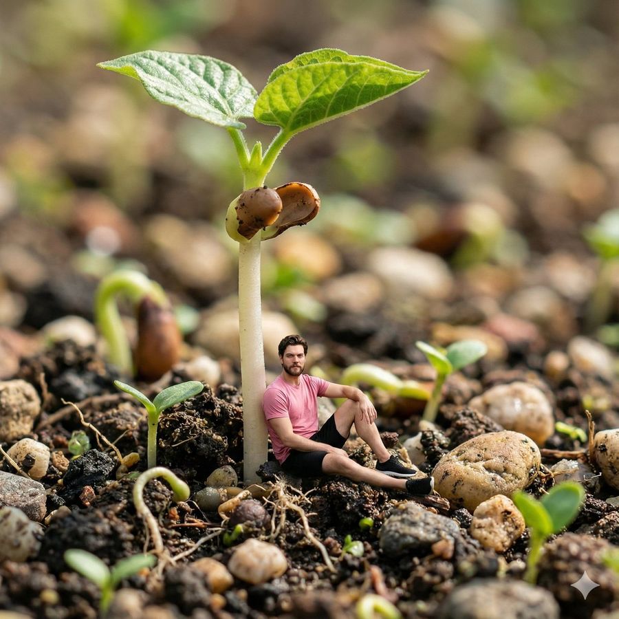 Source reference: a tiny seated man beside a large bean sprout growing among soil, pebbles, and moss in a shallow-focus macro scene
