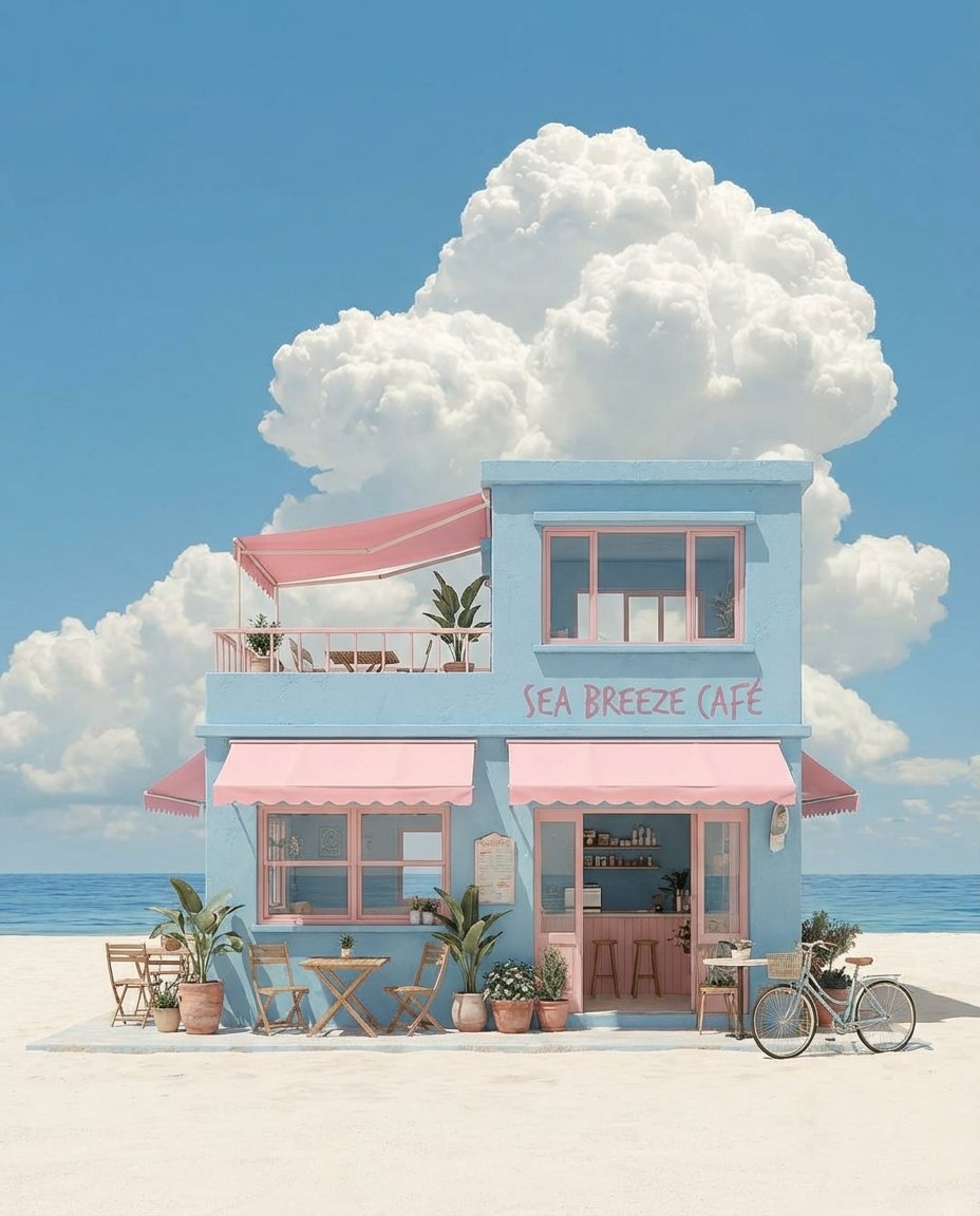 Pastel Coastal Building with Dramatic Cumulus Cloud Prompt