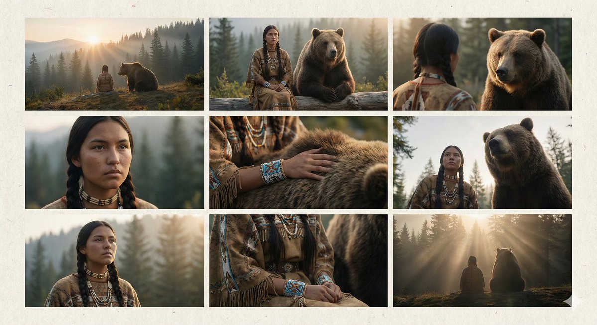 Cinematic Storyboard of Woman and Bear in Forest