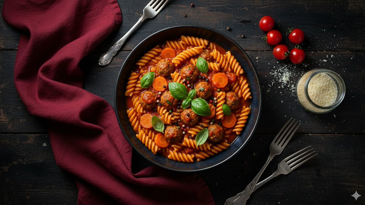 Refined Dining Scene with Fusilli and Meatballs 2