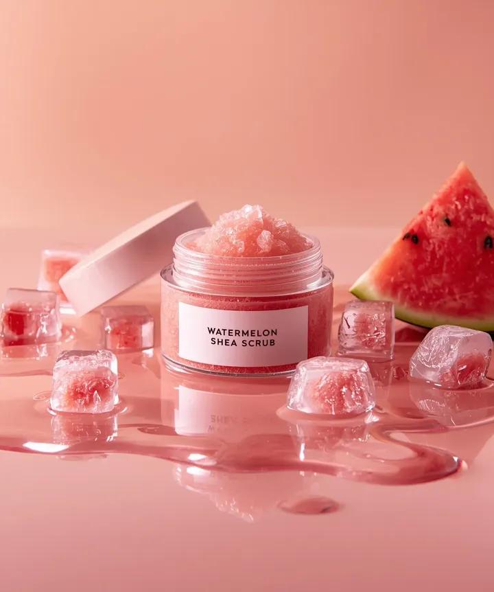 Hyper-photorealistic cosmetic skincare jar product shot with watermelon and ice cubes 2