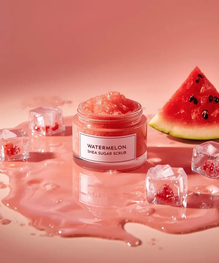 Hyper-photorealistic cosmetic skincare jar product shot with watermelon and ice cubes 3