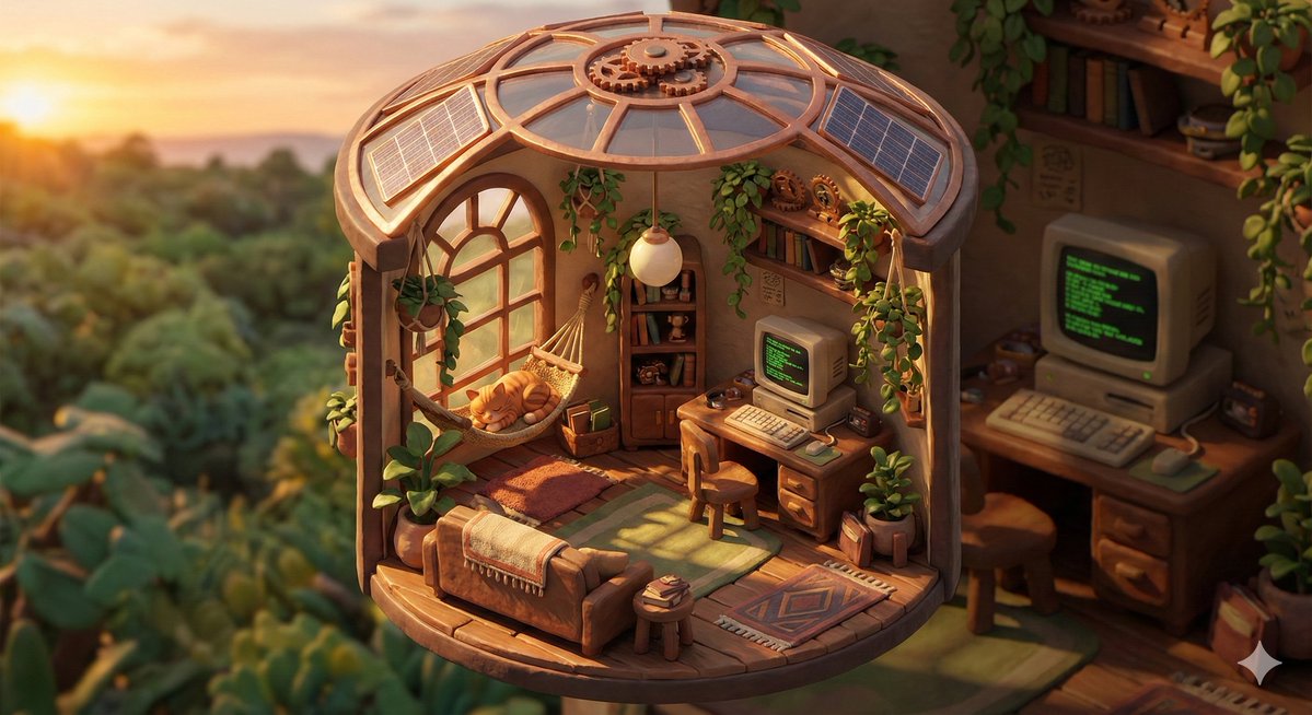 Isometric Solarpunk Cozy Room Diorama Prompt