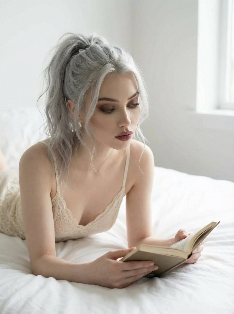 Sample output image for Editorial Portrait of Woman Reading on White Bed