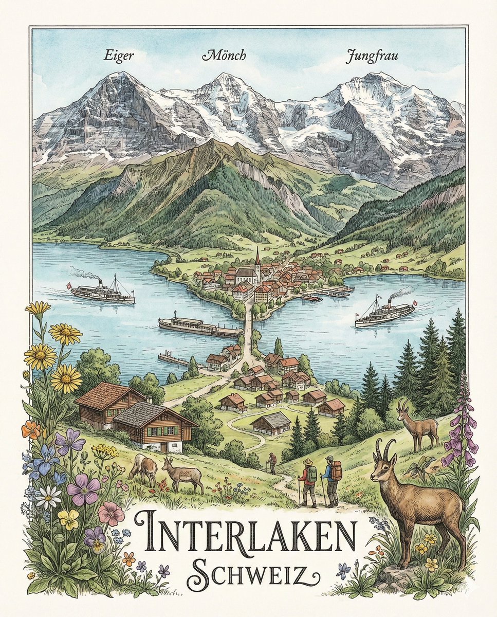 Geographically Accurate Precision Illustration of Interlaken, Switzerland