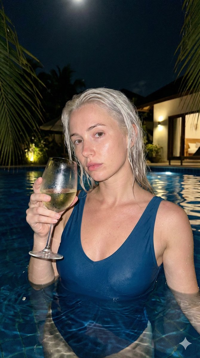 Photorealistic Night Pool Candid with Wet Hair and Wine Glass