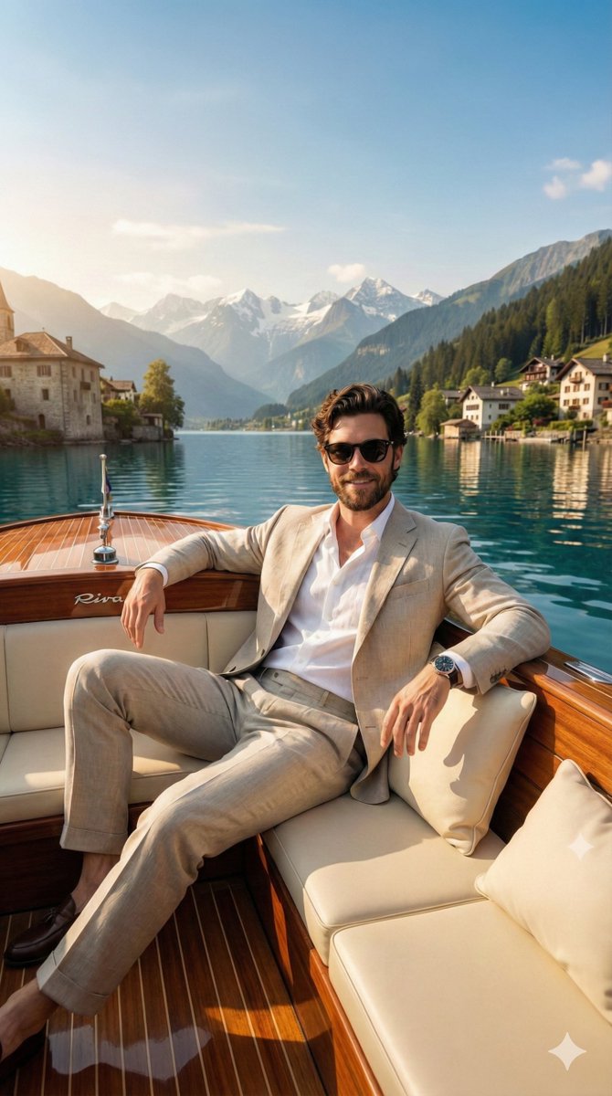 Luxury Boat Alpine Lake Editorial Photo Prompt
