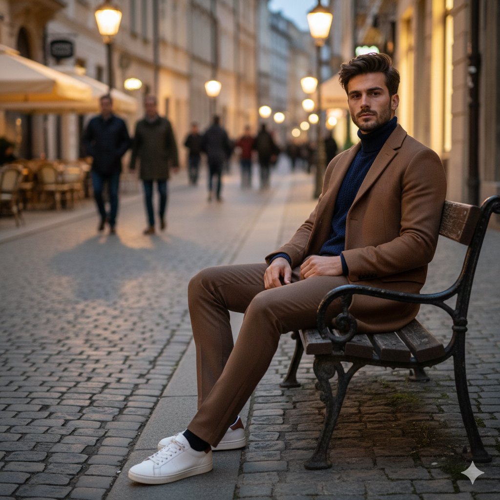 Stylish Man on European Cobblestone Street Prompt