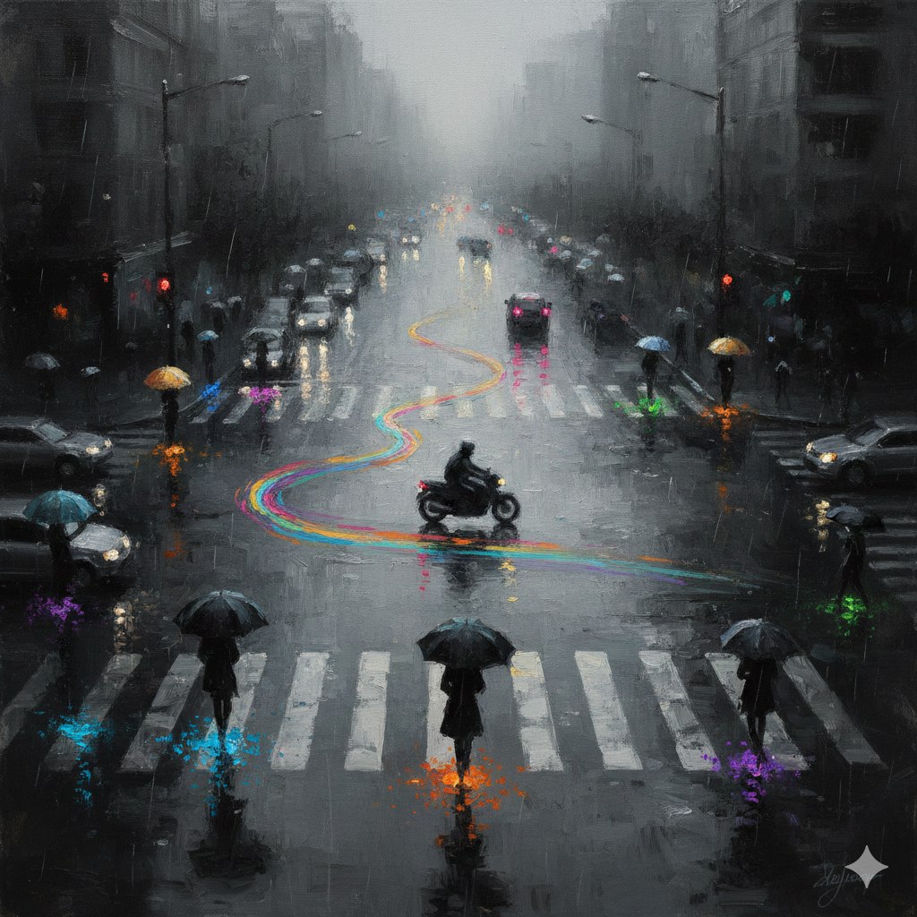 Impressionist Oil Painting of Rainy Urban Solitude