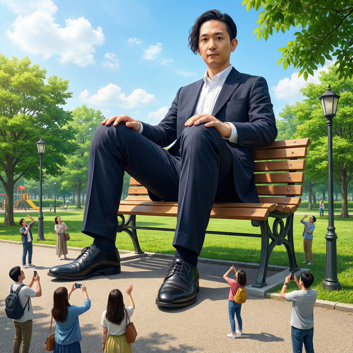 Giant Self on a Bench Prompt