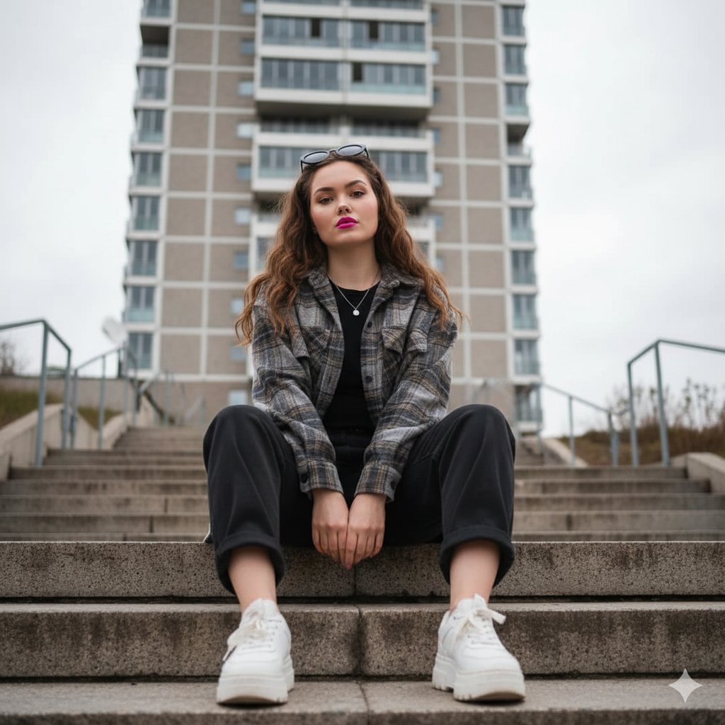 Low-Angle Full-Body Portrait on Concrete Steps