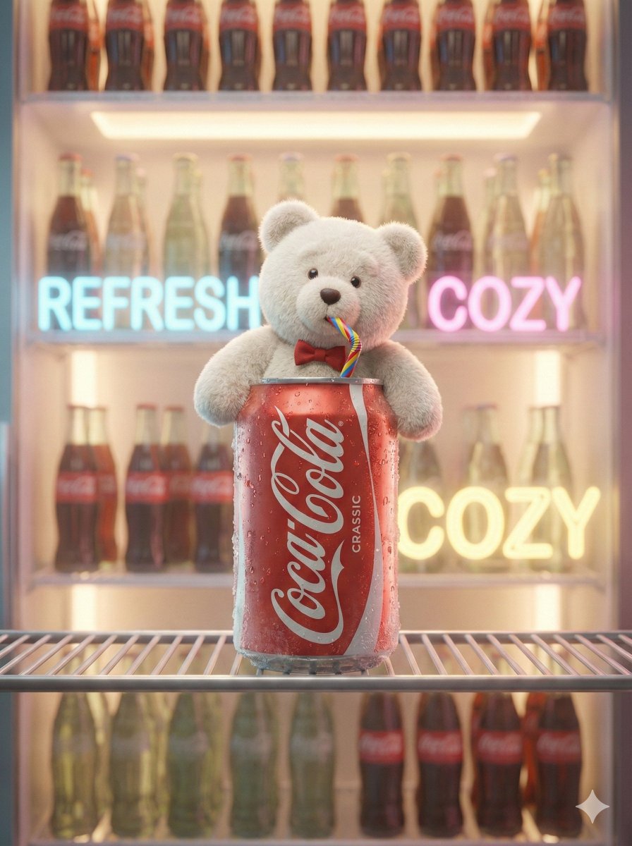 Pixar-Level Commercial Scene: Teddy Bear in a Soda Can
