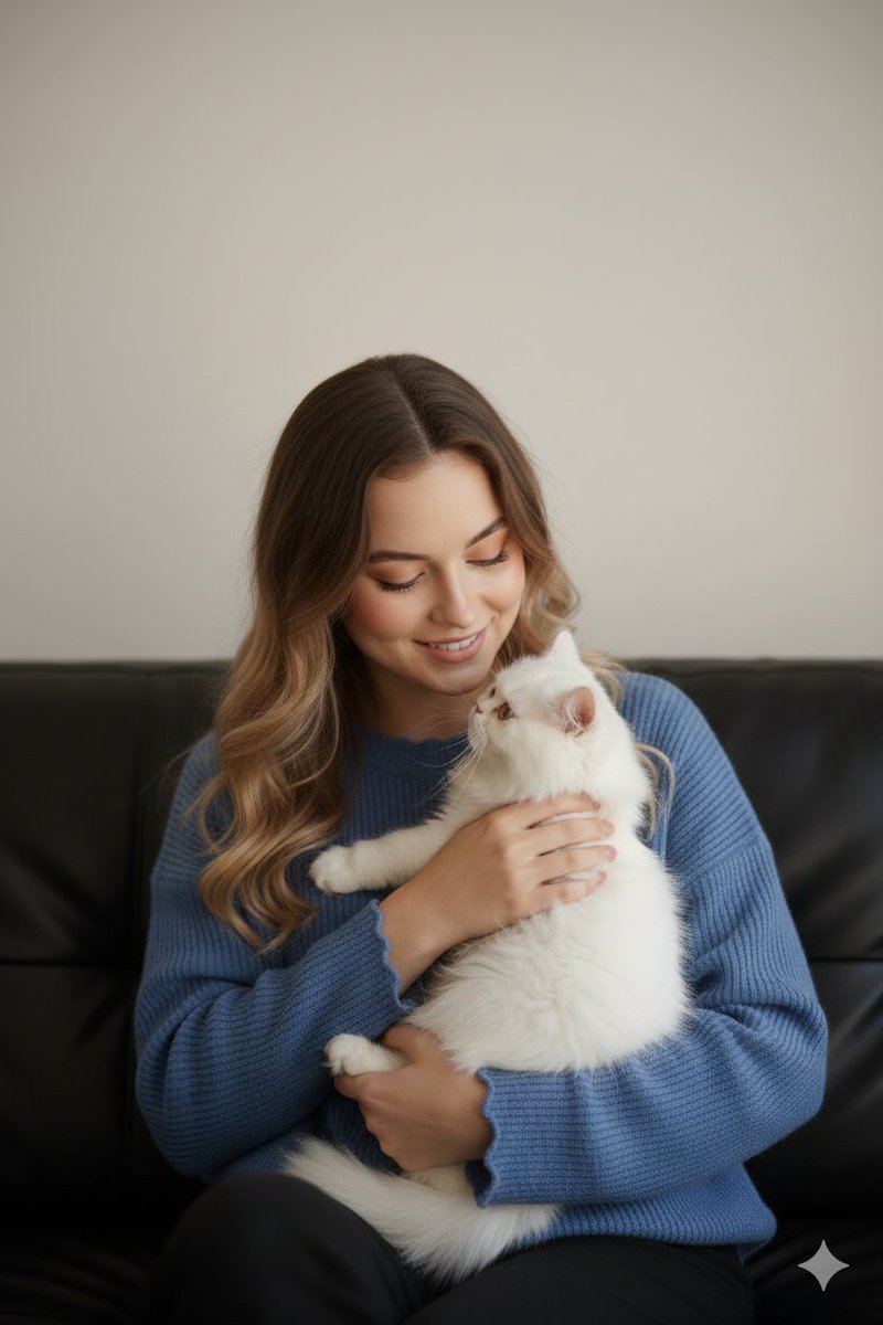 Ultra-Realistic Portrait of Woman Hugging a Persian Cat