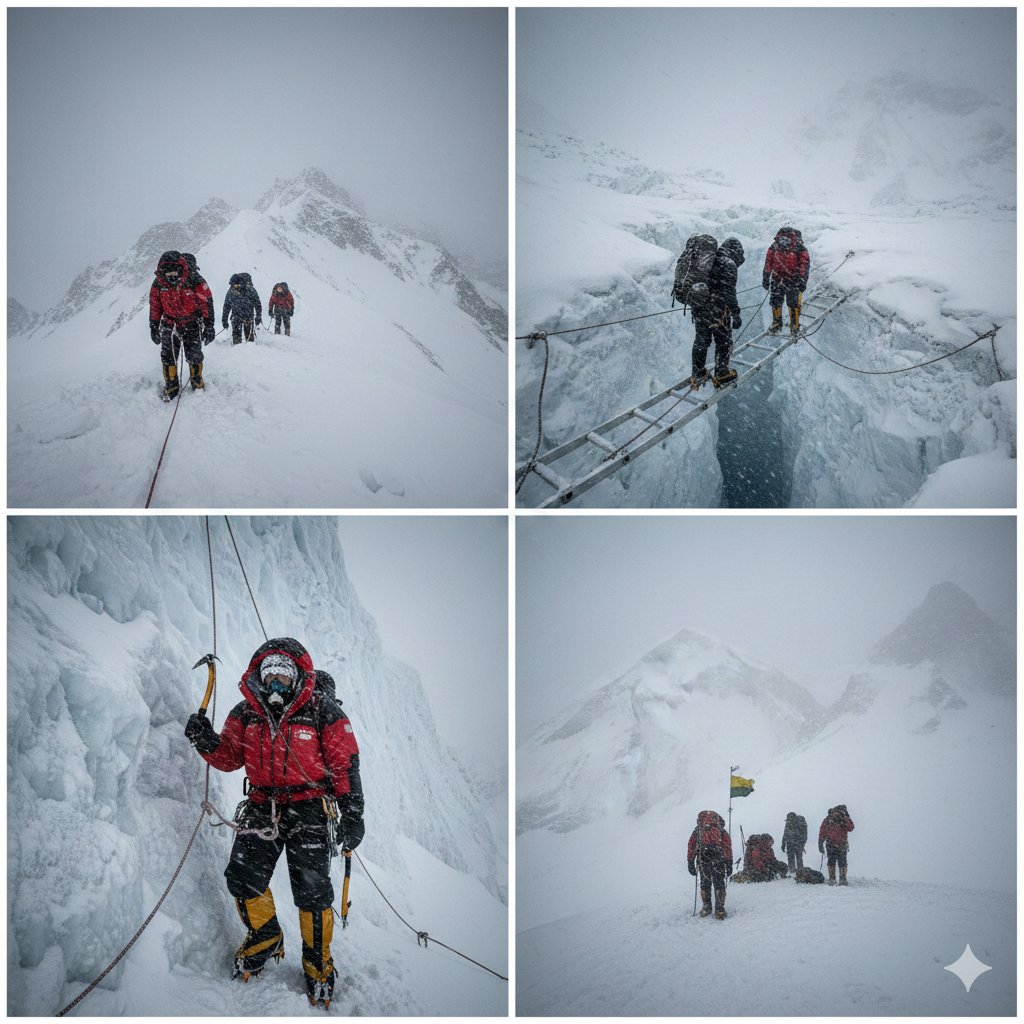 High-Altitude Mountaineering Cinematic Collage Prompt