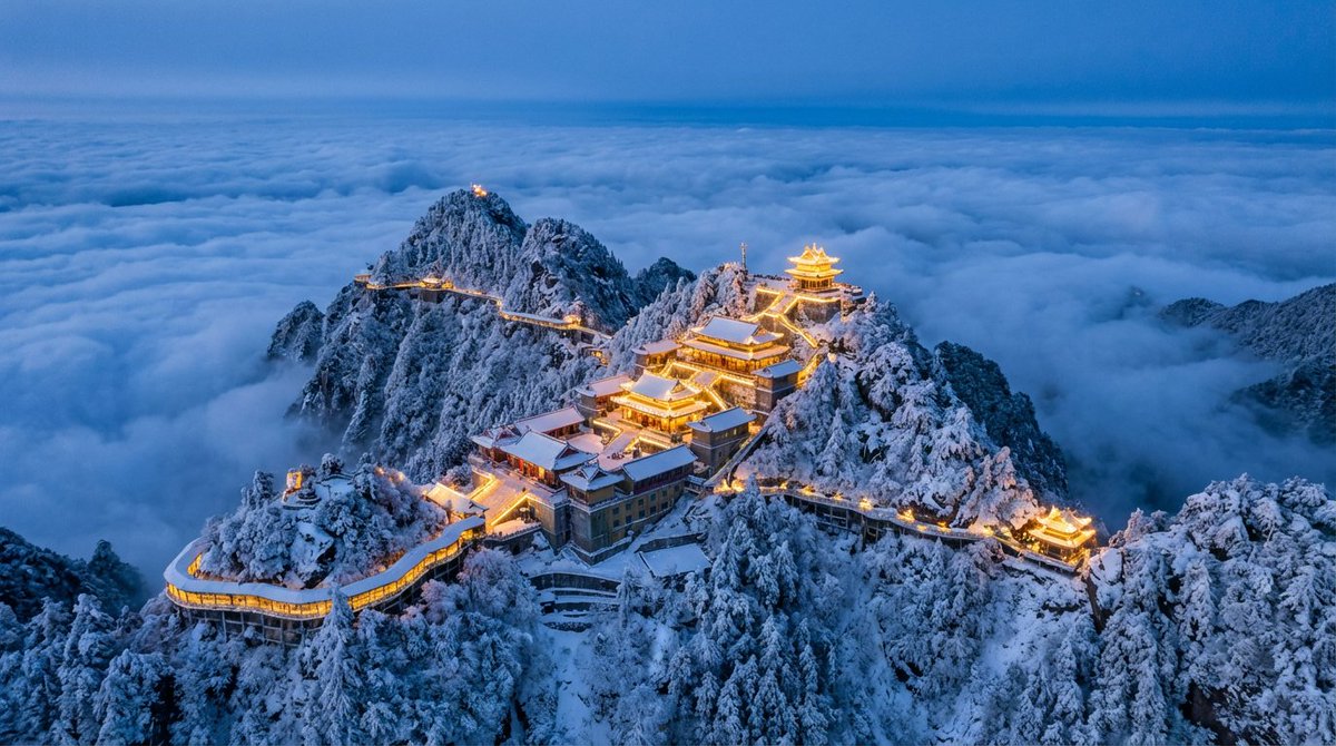 Spectacular Aerial View of Laojun Mountain Temple in Winter