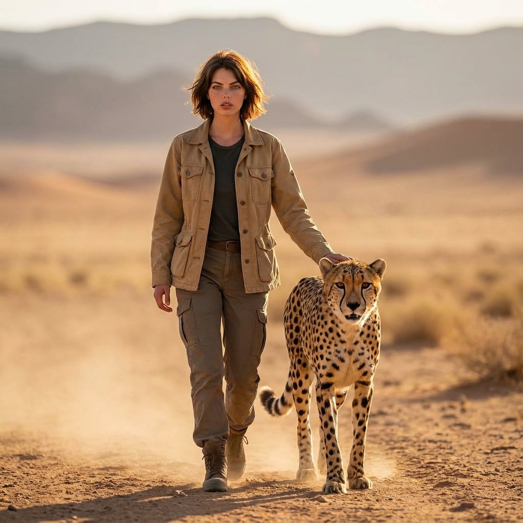 Golden Hour Desert Photo of Woman and Cheetah
