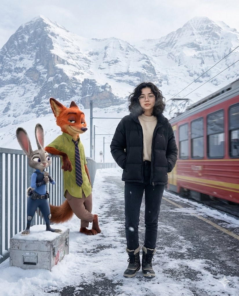 YouTube 縮圖 - 電影般的阿爾卑斯山旅行場景，搭配《動物方城市》角色提示