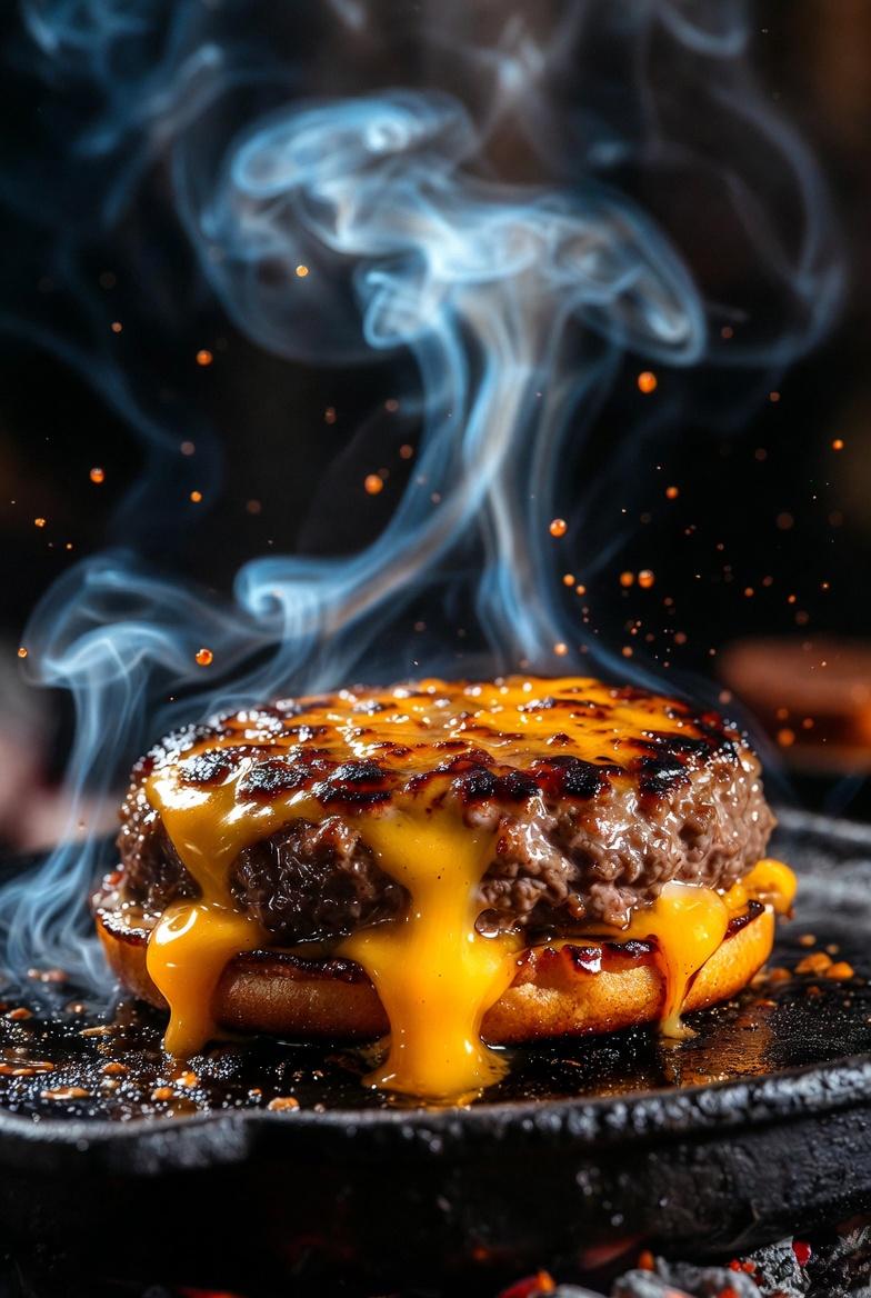 Cinematic Macro Shot of Sizzling Cheeseburger