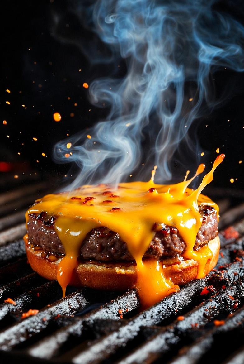 Cinematic Macro Shot of Sizzling Cheeseburger 3