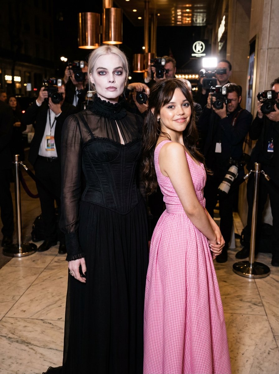 Red Carpet Juxtaposition Prompt: Margot Robbie as Wednesday and Jenna Ortega as Barbie