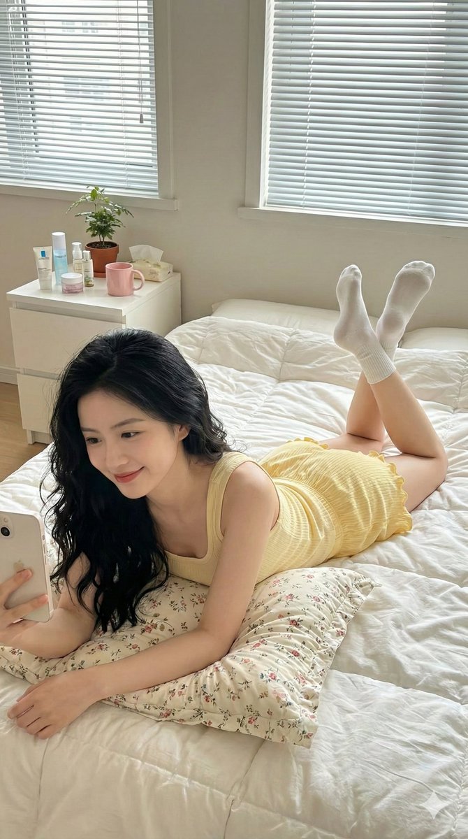 Sample output image for Lazy Bedroom Selfie Prompt (Lying Prone)