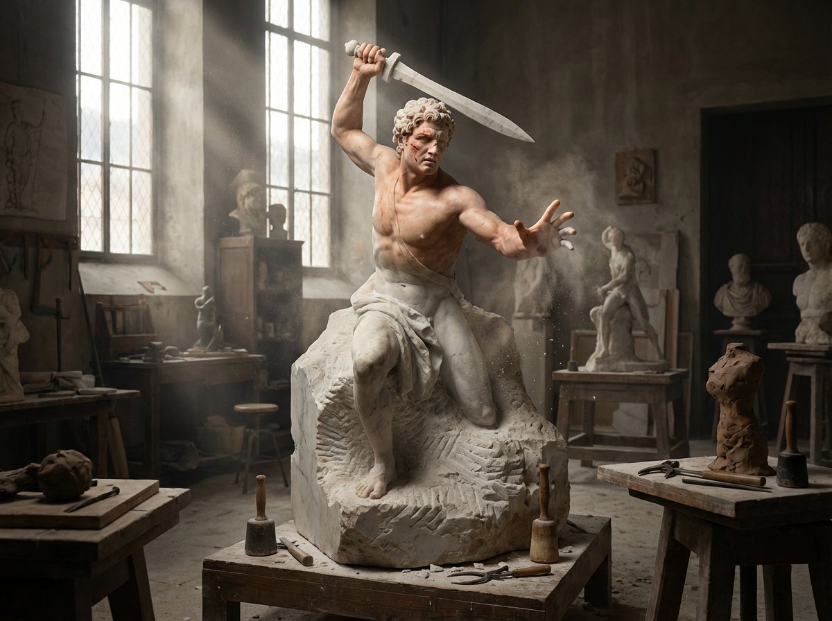 Sculptor's Awakening Cinematic Scene Prompt