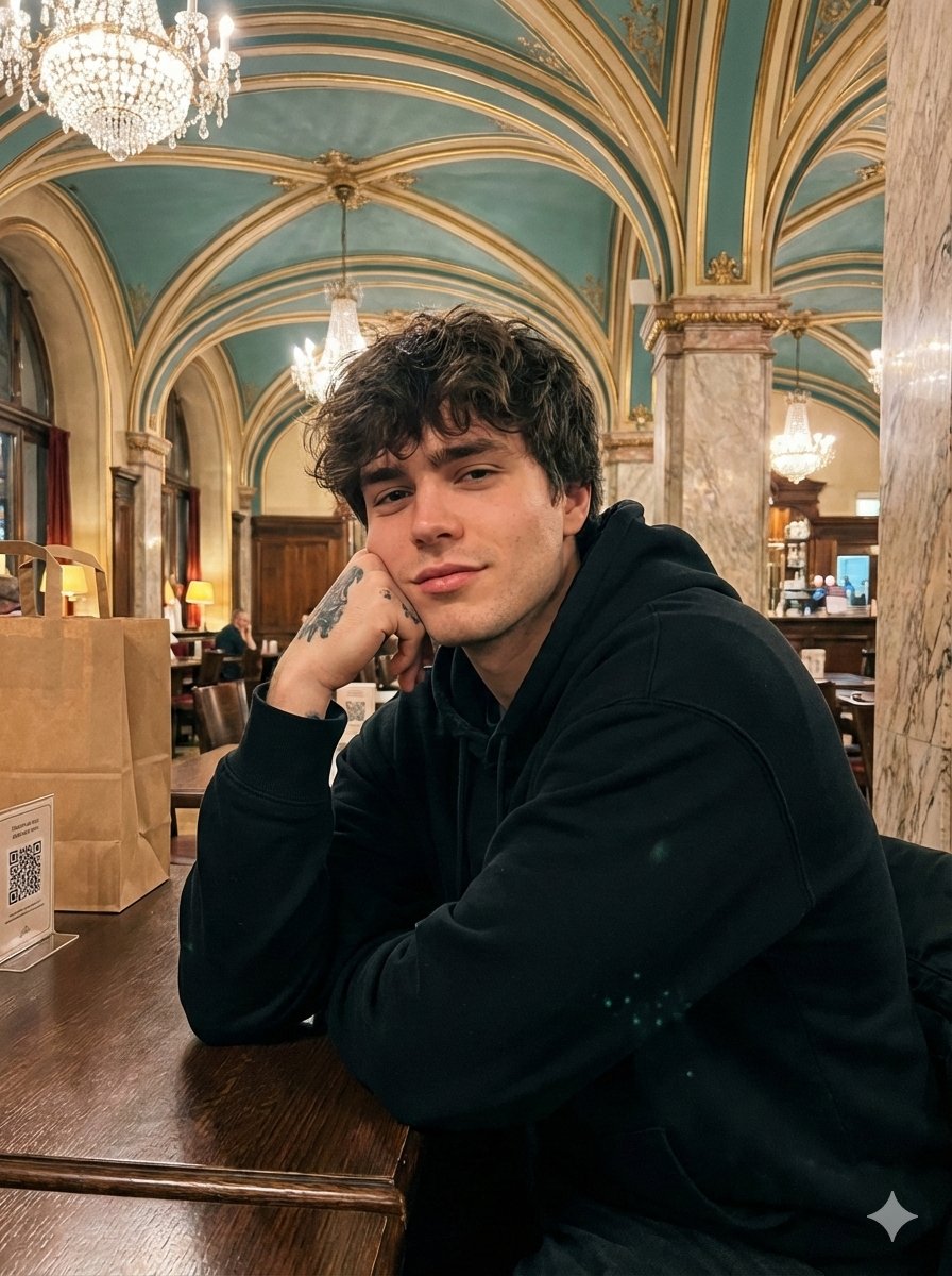 Opulent Café Portrait with Voluminous Hair