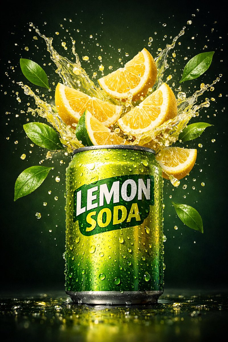 Hyper-realistic commercial product shot of a lemon soda can