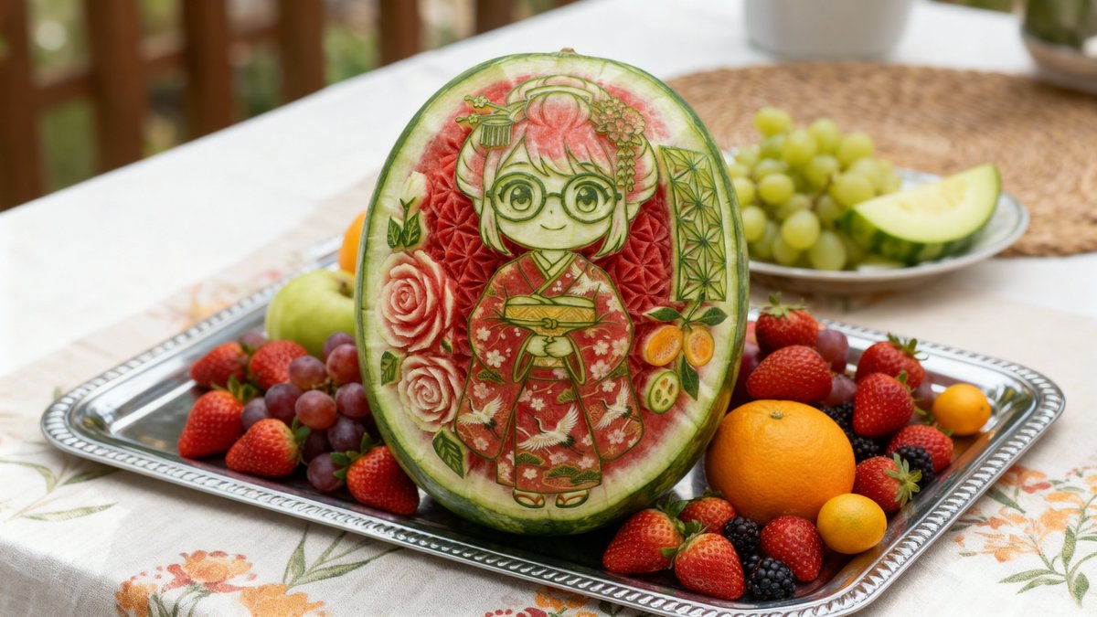 Photorealistic Watermelon Carving of an Original Character (OC)