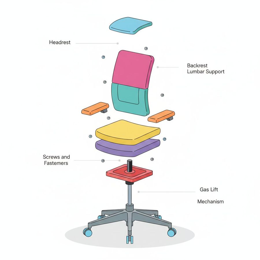 Source reference: an exploded office chair diagram with colorful seat, back, arms, support parts, and a wheeled base on white