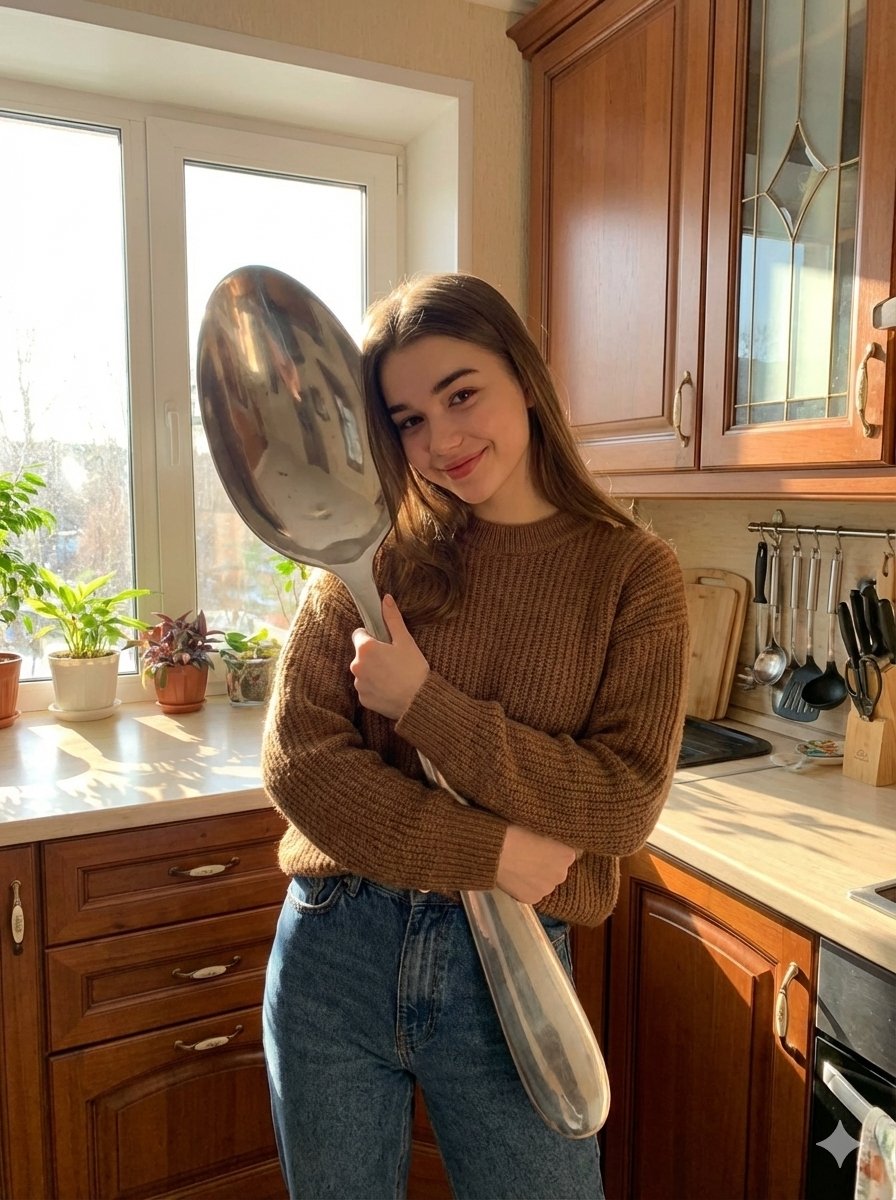 Photorealistic Woman Hugging Giant Spoon in Kitchen Prompt