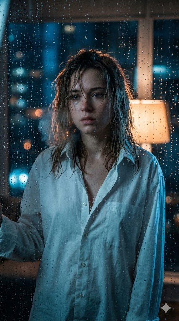 Cinematic Voyeuristic Portrait through Rain-Streaked Window