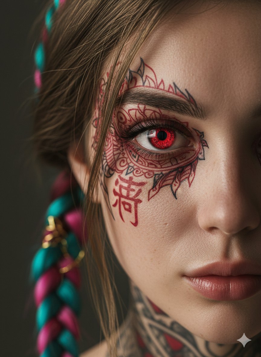 Extreme Close-Up Cinematic Portrait with Tattoos and Red Eye 2