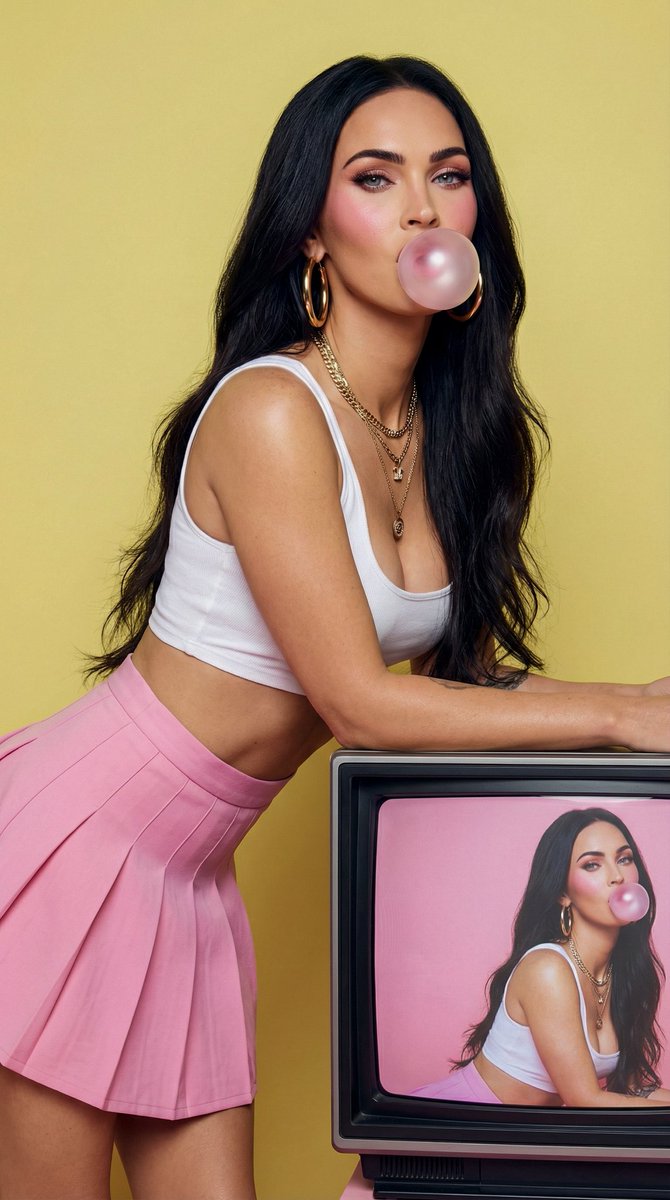 Sample output image for Fashion Editorial: Woman Blowing Bubblegum on Retro TV