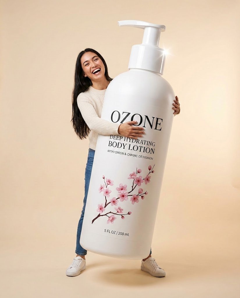 Studio Commercial Shot of Woman Hugging Giant Lotion Bottle