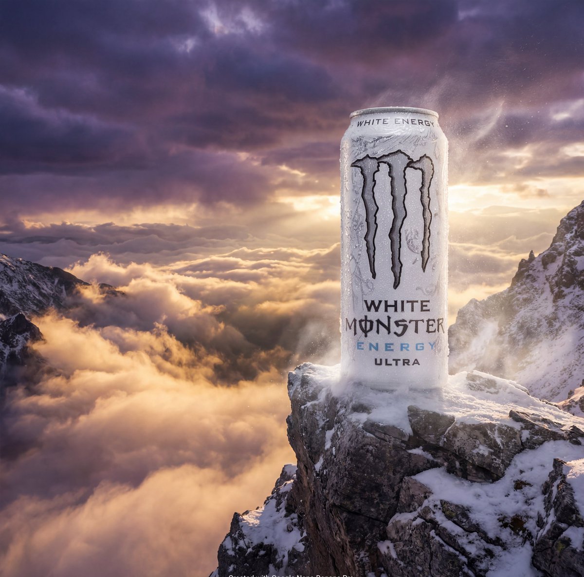 Product Ad: Monster Energy Can on Mountain Peak
