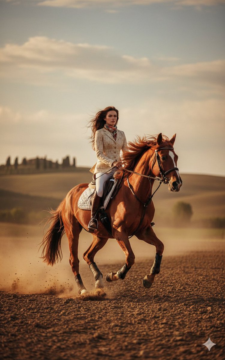 Dynamic Equestrian Model in Tuscan Fields at Golden Hour