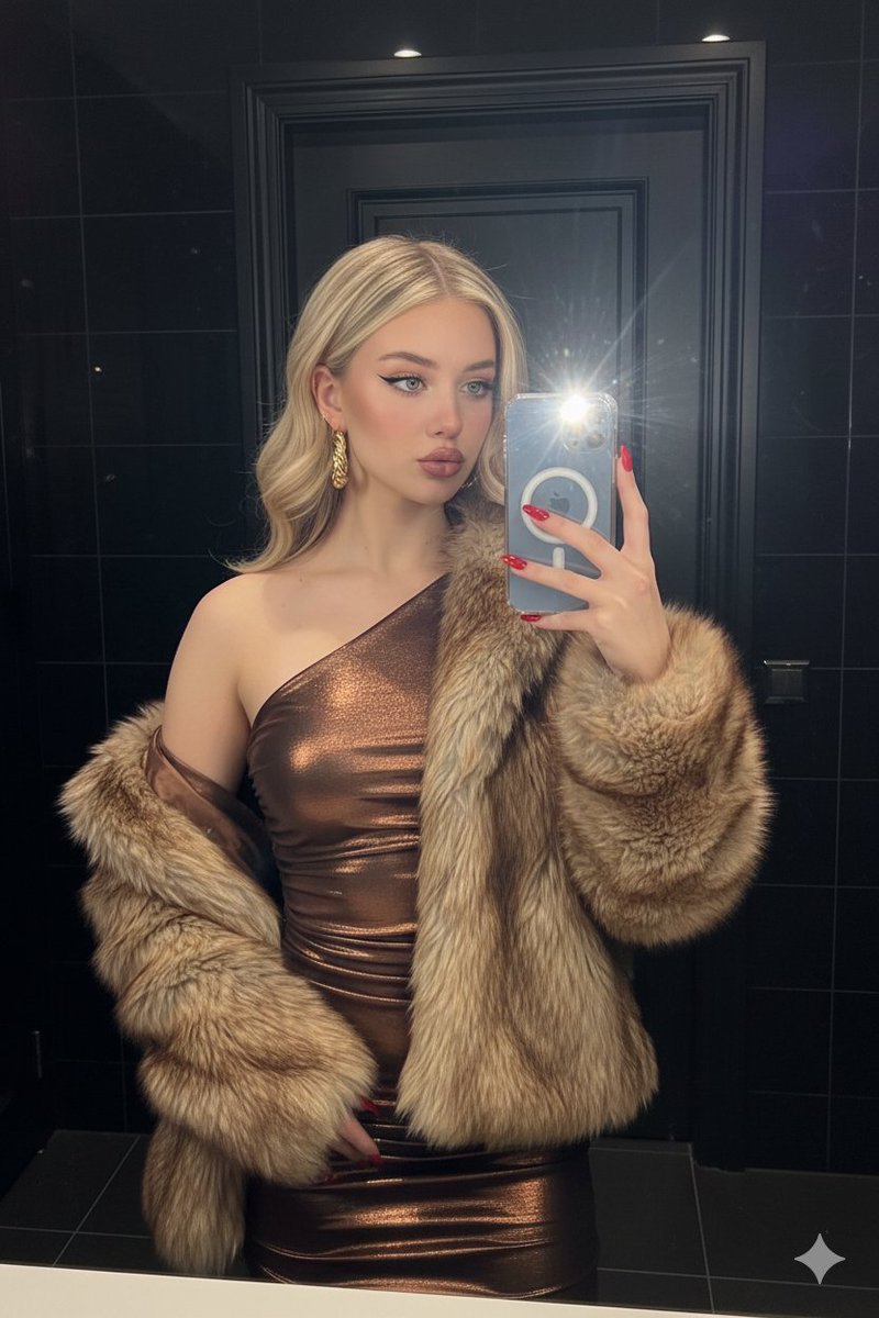 High-Contrast Mirror Selfie with Nightlife Glamour