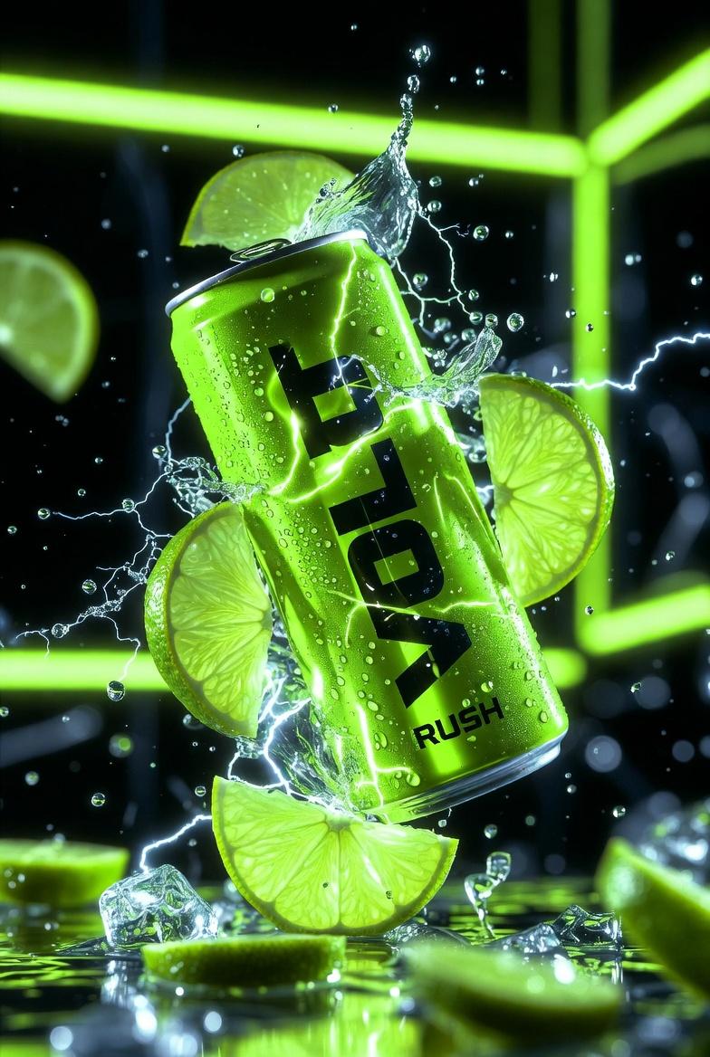 Ultra-Cinematic Product Photography of 'VOLT RUSH' Energy Drink