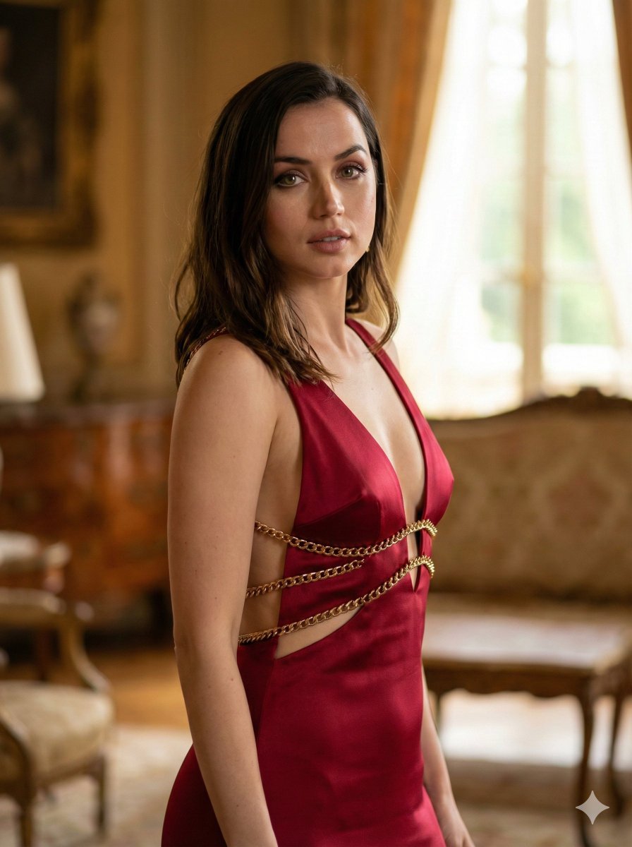 High-Fashion Cinematic Portrait of Ana de Armas in Red Satin Gown